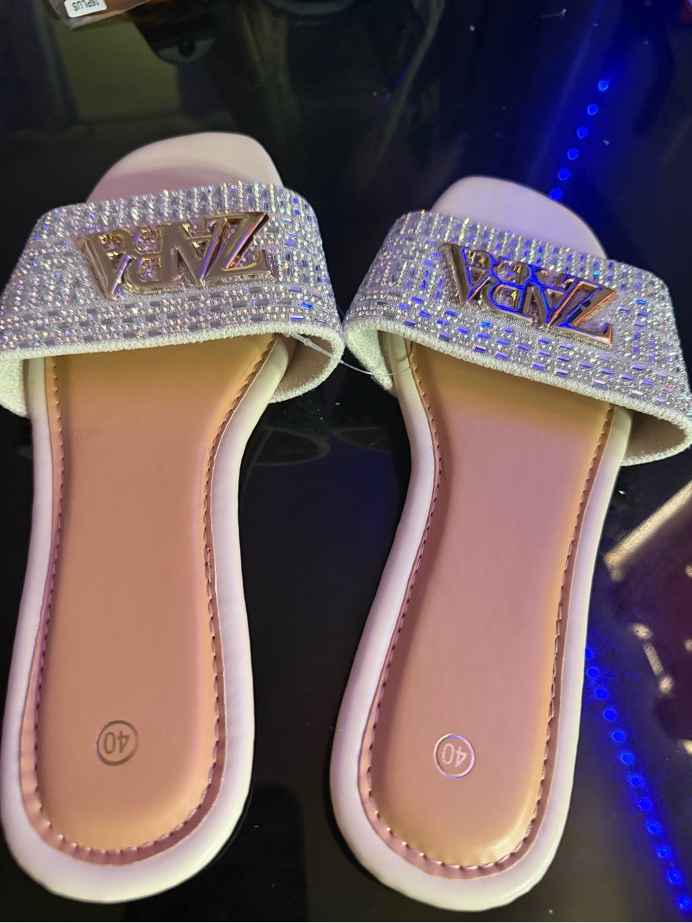 ZARA White Crystal Logo Slide Mules